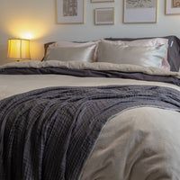 QuickZip Gray Muslin Cotton Throw Blanket on a QuickZip Twilluxe Flannel Fitted Zip Sheet in Sand...