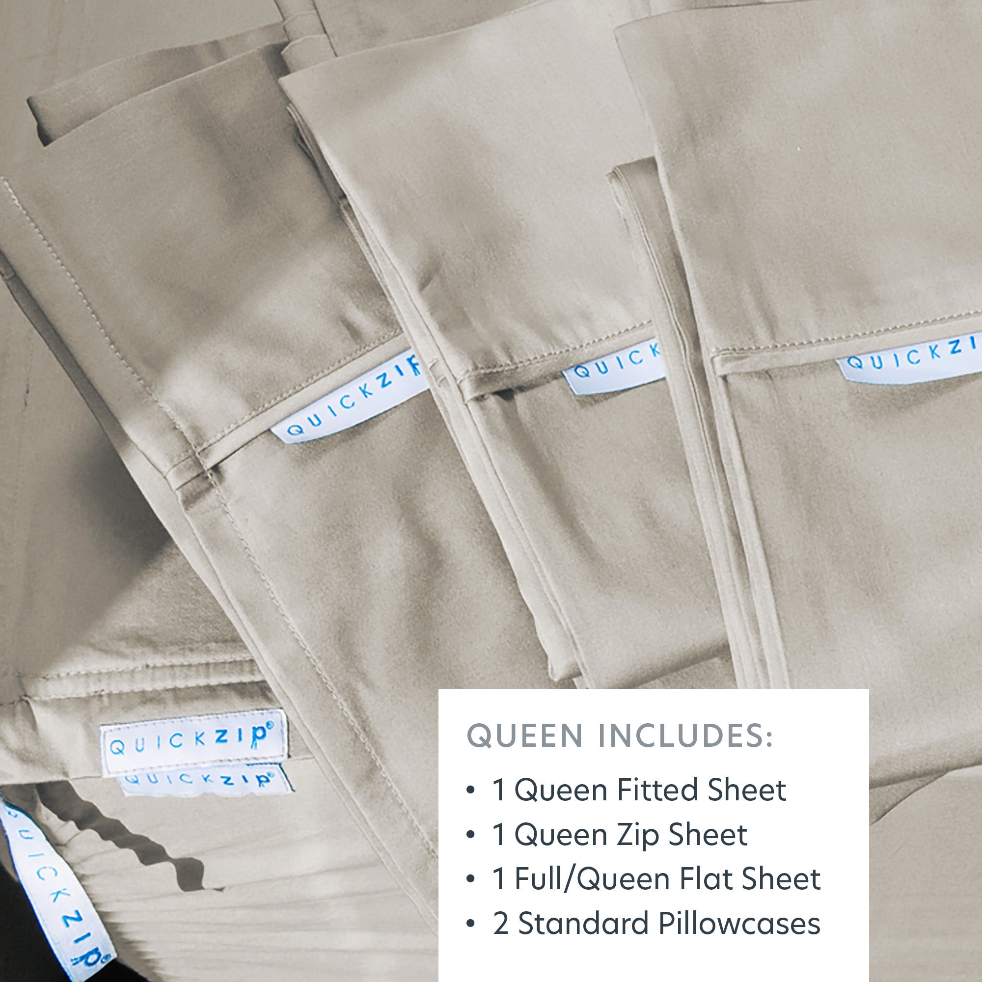 QuickZip Classic Bundle | More Comfort.  Less Hassle. Sheets that Zip Off and On and Won't Pop Off! | Sateen Cotton | Fitted Sheet (Base + Zip Sheet) + Extra Zip Sheet; Flat Sheet; 2 Pillowcases